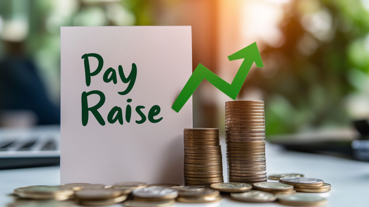 Employee Pay raise with green arrow upward with stack of coin on table with office background
